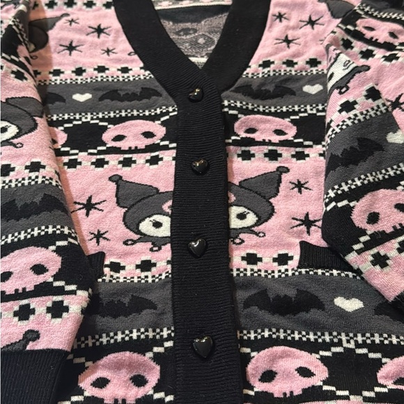 Boxlunch Sweaters - Pink & Black Character Knit Cardigan Sweater - Heart Button Detail